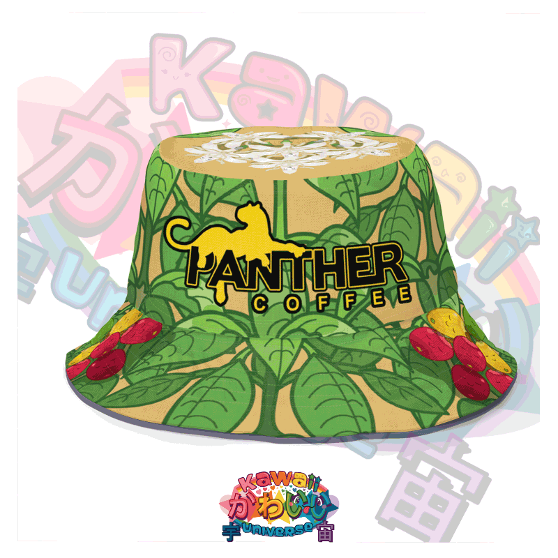 Kawaii Universe - Cute Panther Coffee Wild Coffee Leaves Fruits and Flowers Double Sided Unisex Sun Hat