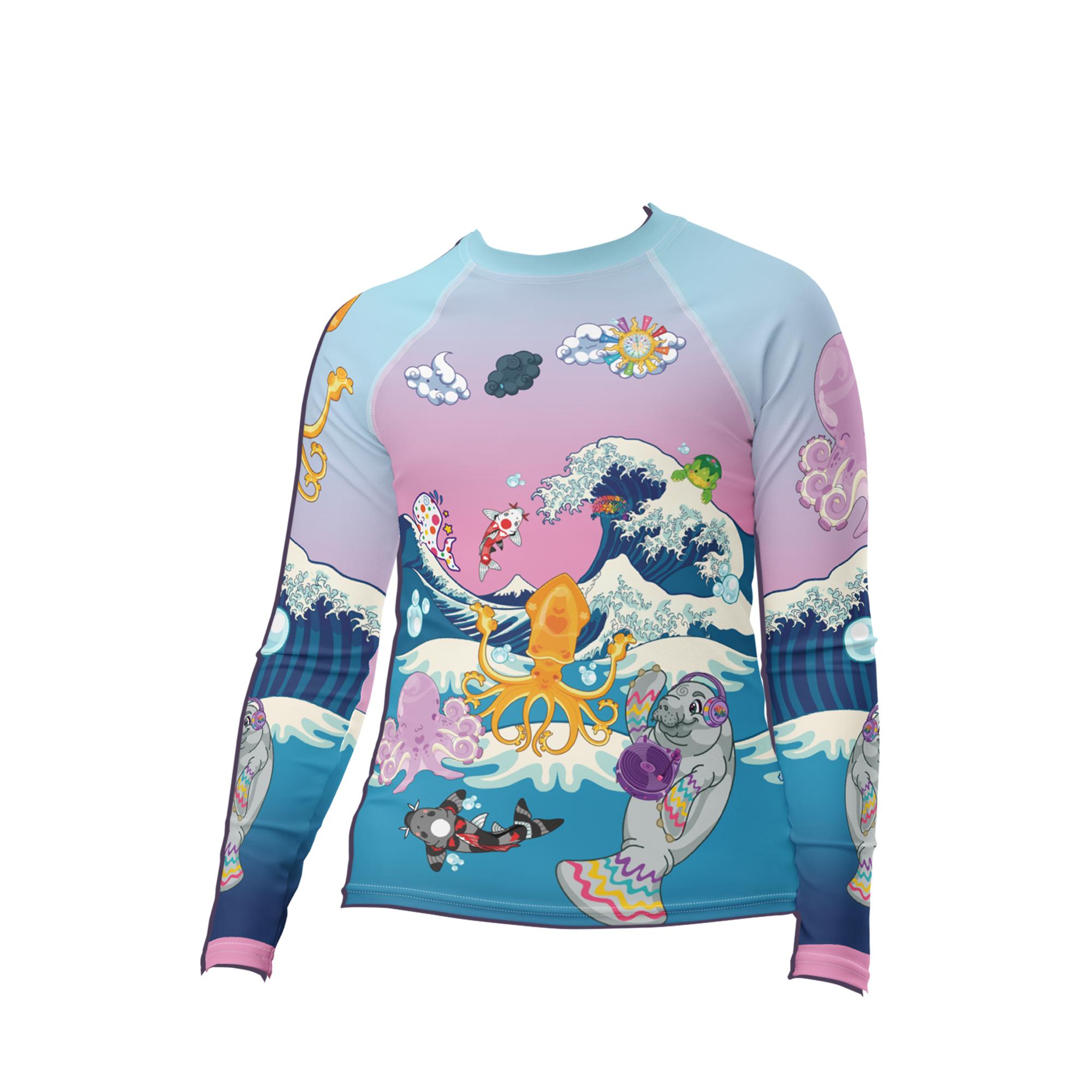 Kawaii Universe - Cute Manatee DJ ( Ocean is My Home ) Toddler to Tween Unisex Rash Guard