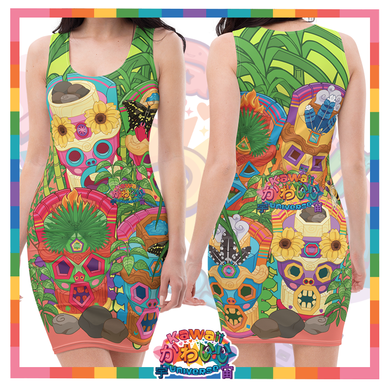 Kawaii Universe - Cute Miami Tiki Totems Designer Cling Dress